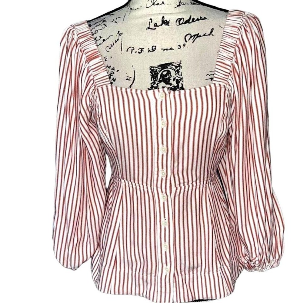 Striped Square Neck Button Front Smocked Back Peplum Blouse Red Cream‎ Boho